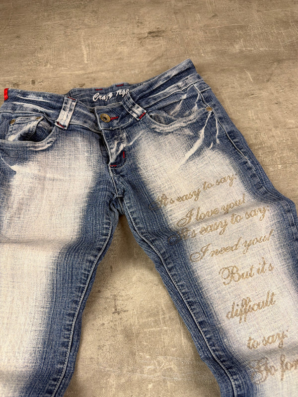 Crazy Age Y2K Statement Print Low Waist Flare Denim - Bleached Blue