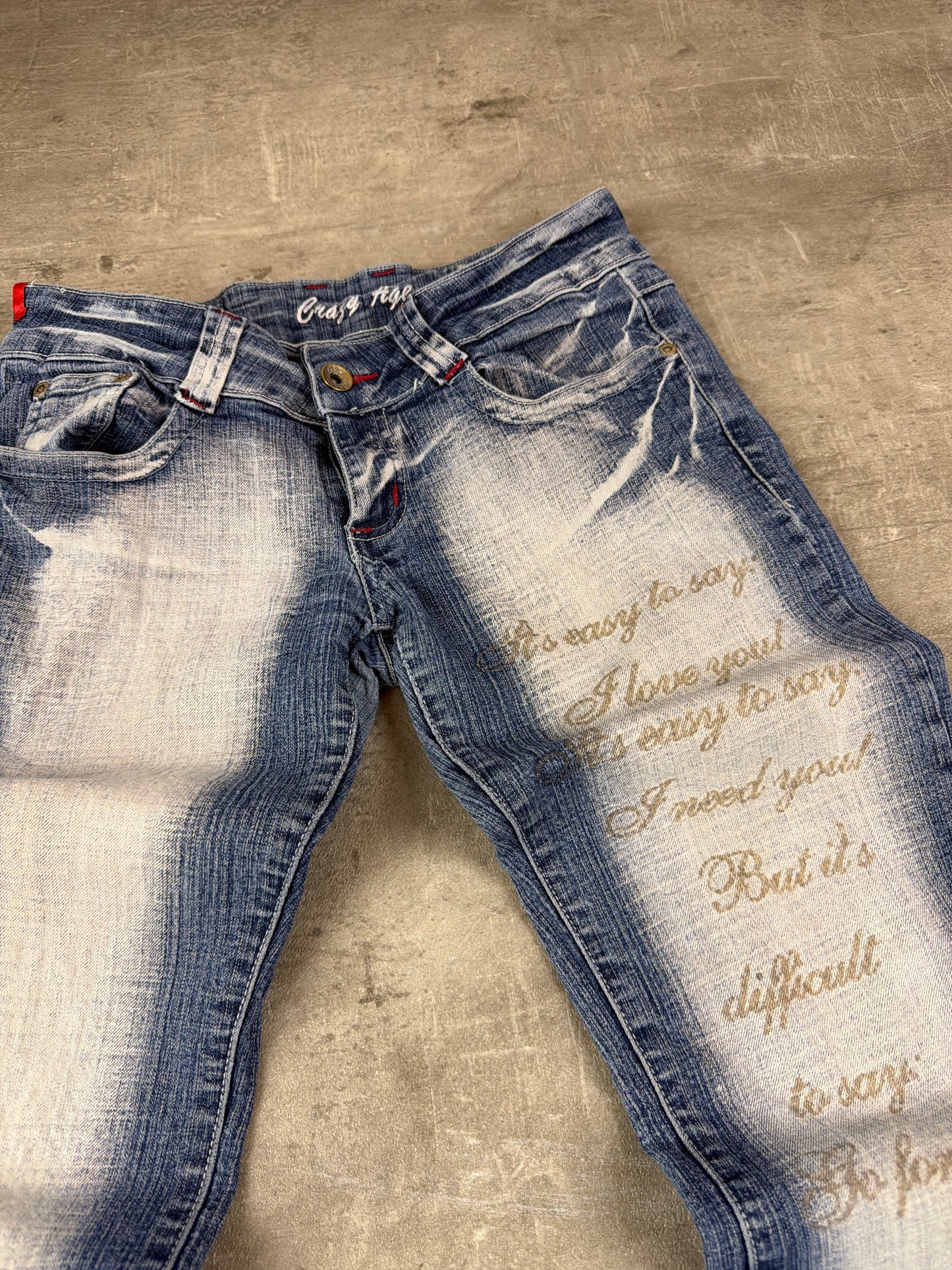 Crazy Age Y2K Statement Print Low Waist Flare Denim - Bleached Blue