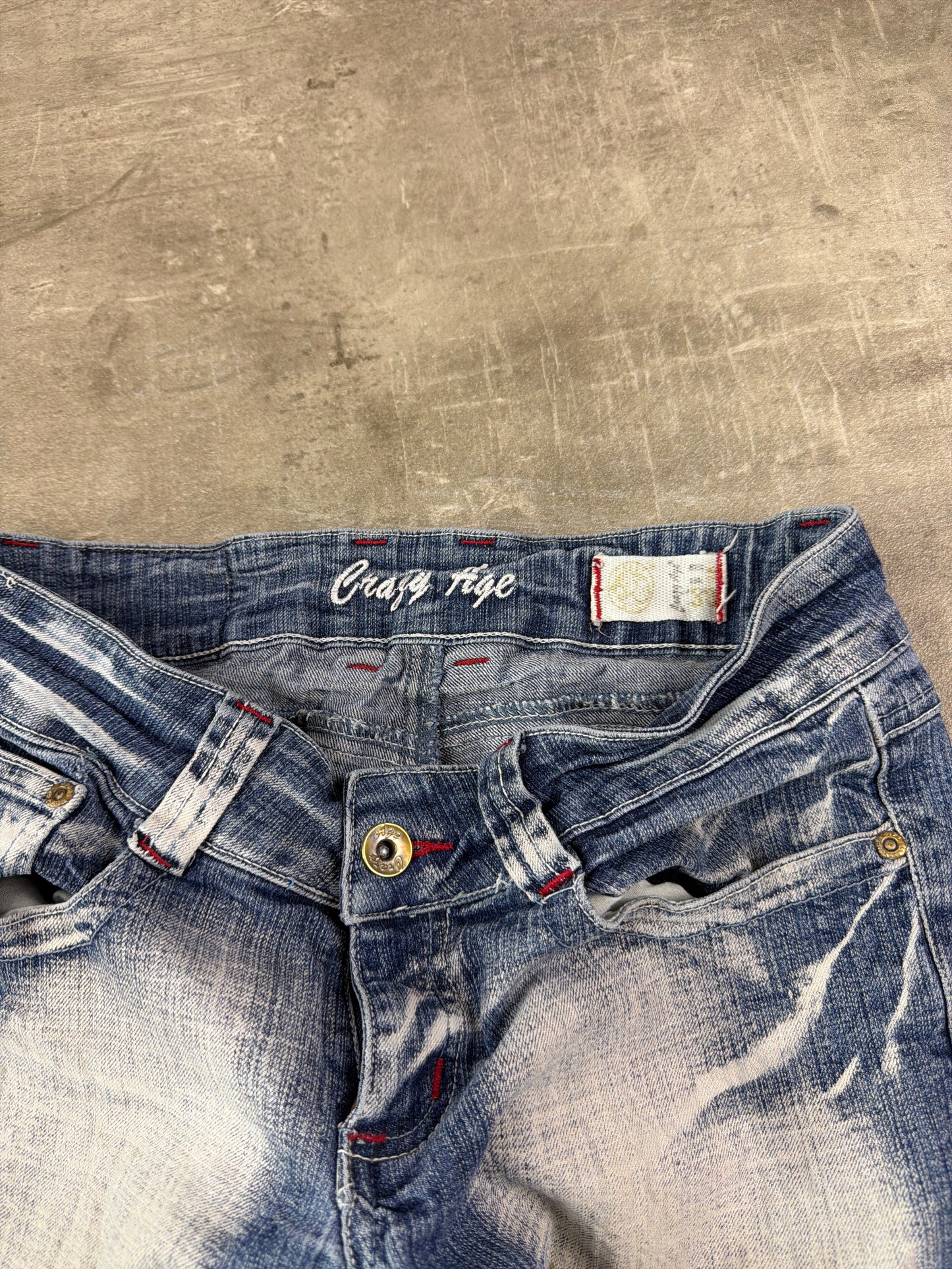 Crazy Age Y2K Statement Print Low Waist Flare Denim - Bleached Blue