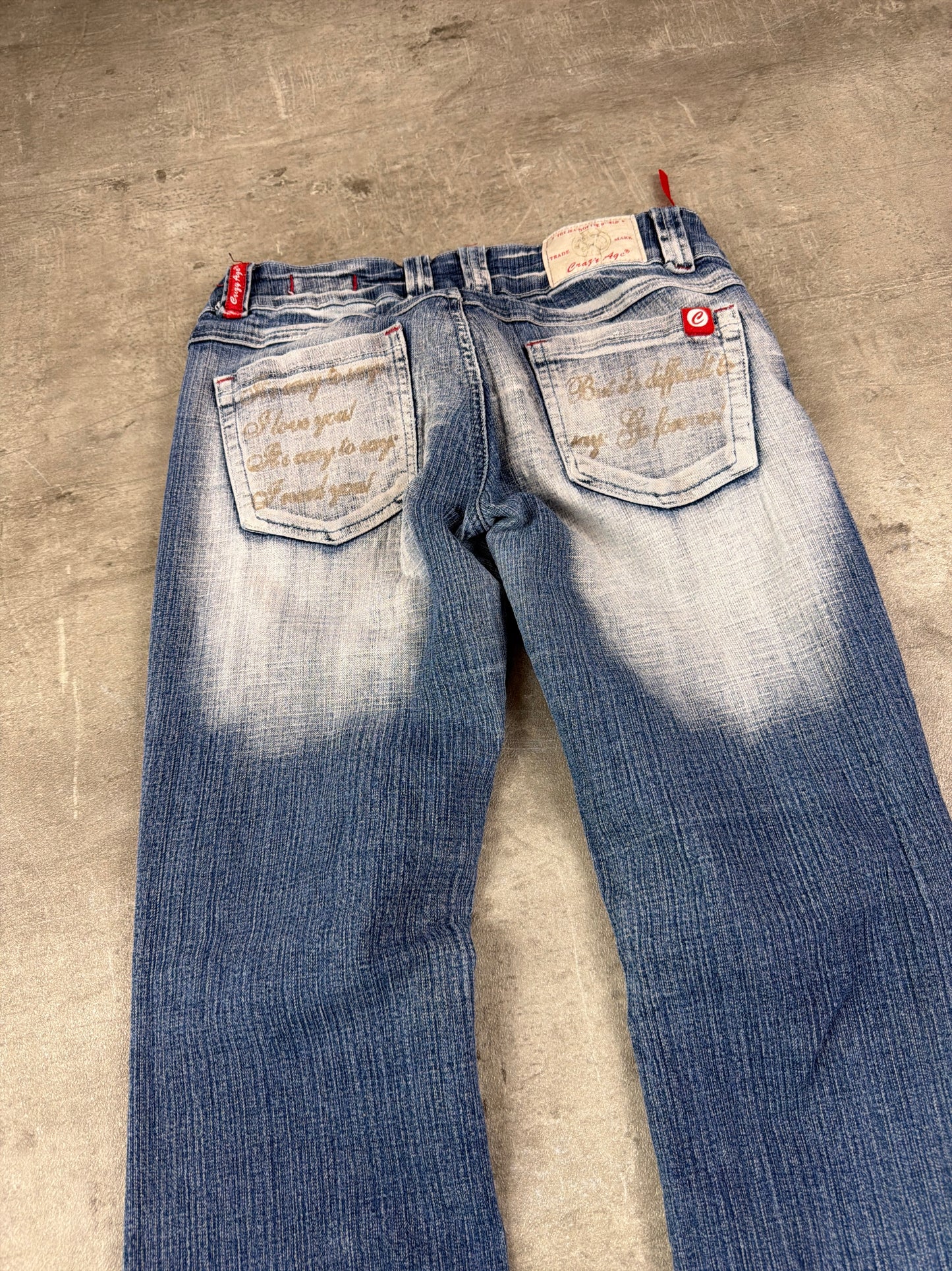 Crazy Age Y2K Statement Print Low Waist Flare Denim - Bleached Blue