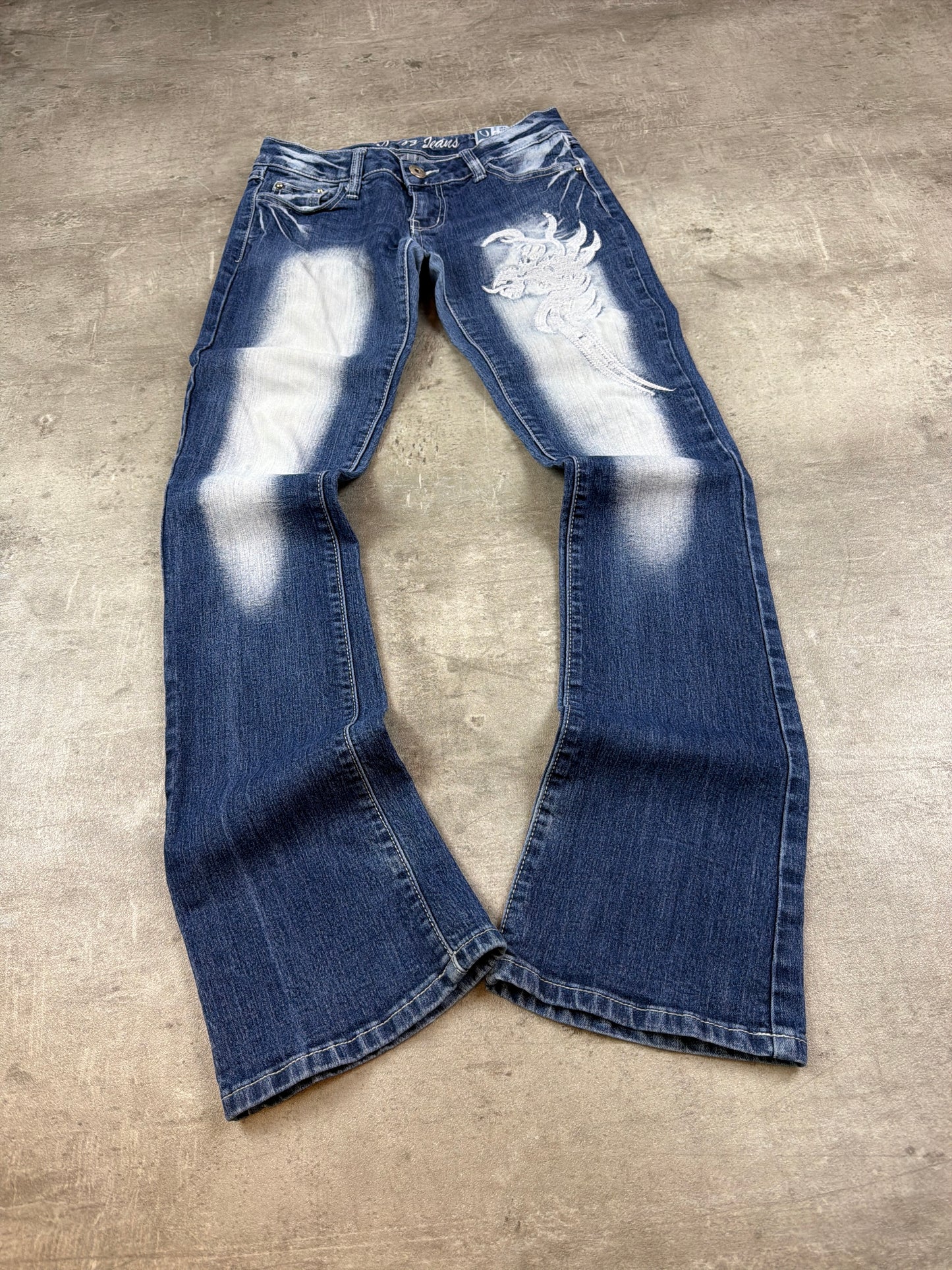 Y2K Crazy Jeans Dragon Embroidery Bleached Flared Denim - Blue & White