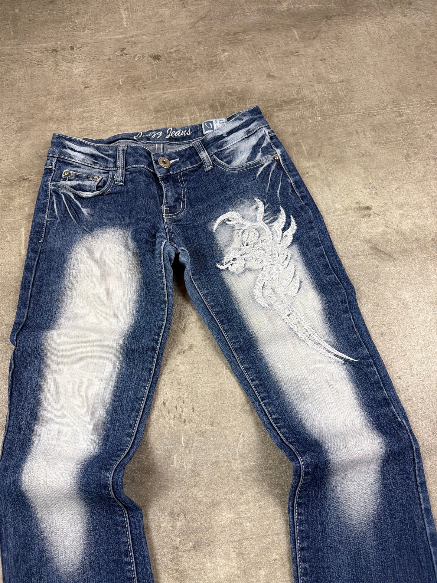 Y2K Crazy Jeans Dragon Embroidery Bleached Flared Denim - Blue & White