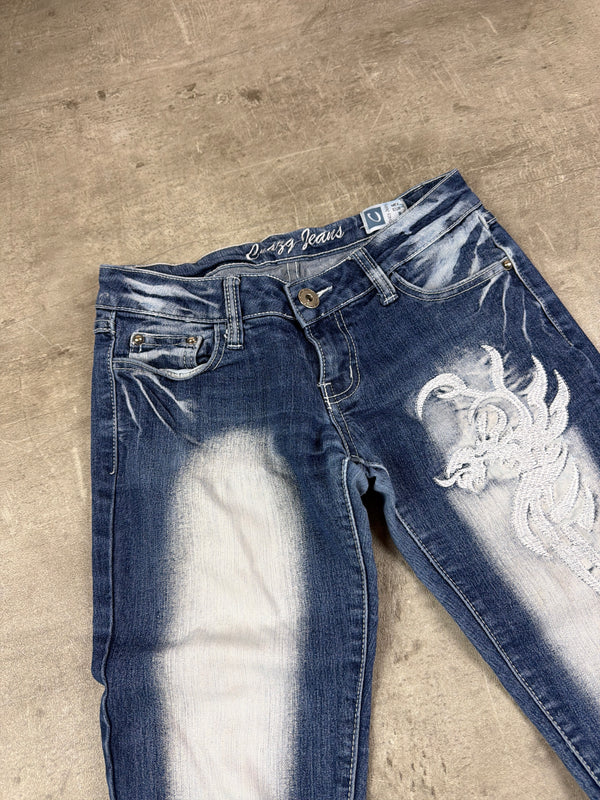 Y2K Crazy Jeans Dragon Embroidery Bleached Flared Denim - Blue & White