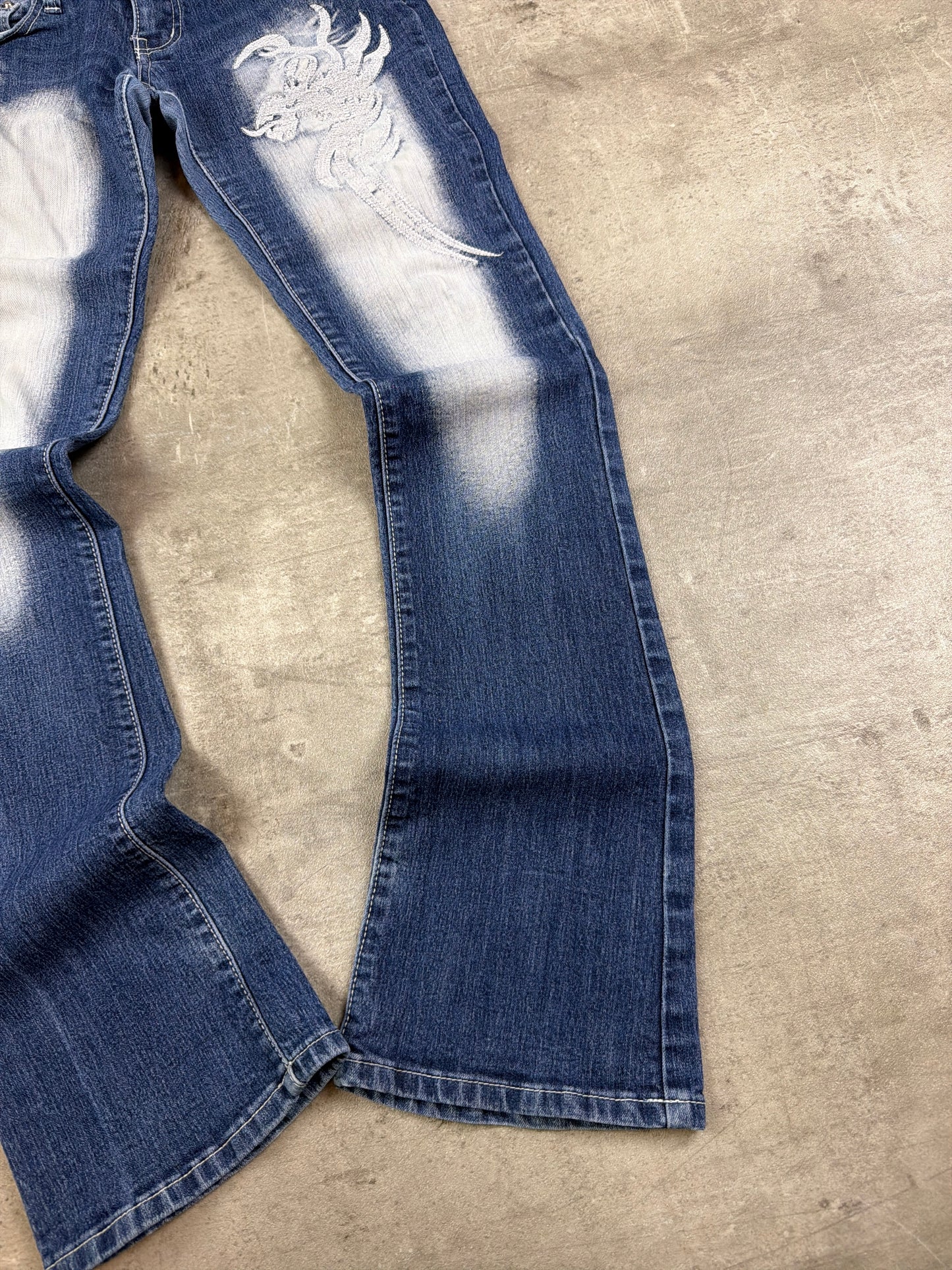 Y2K Crazy Jeans Dragon Embroidery Bleached Flared Denim - Blue & White