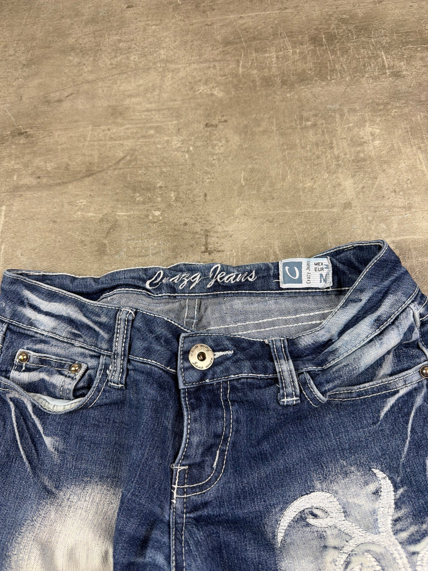 Y2K Crazy Jeans Dragon Embroidery Bleached Flared Denim - Blue & White