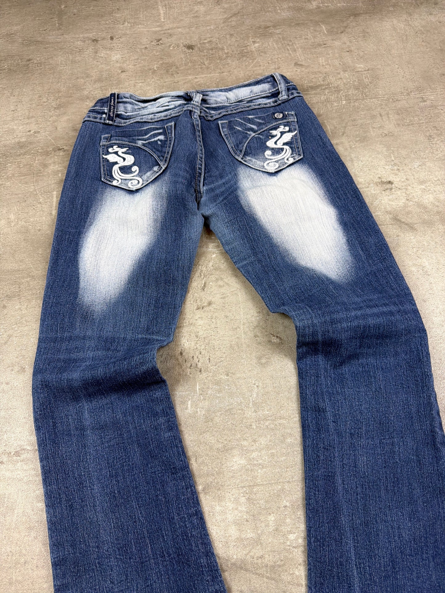 Y2K Crazy Jeans Dragon Embroidery Bleached Flared Denim - Blue & White