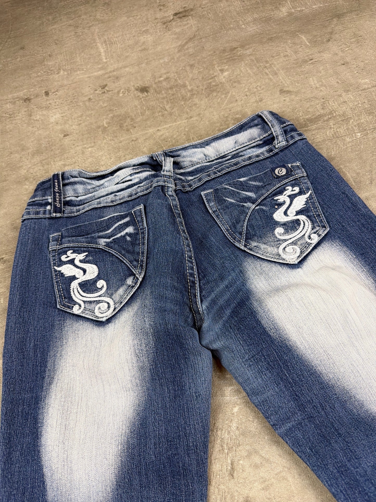 Y2K Crazy Jeans Dragon Embroidery Bleached Flared Denim - Blue & White