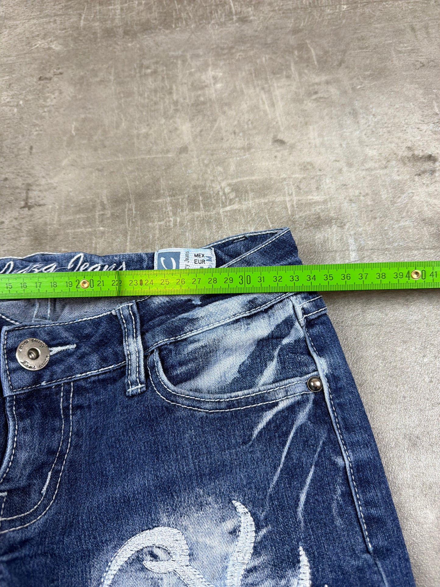 Y2K Crazy Jeans Dragon Embroidery Bleached Flared Denim - Blue & White