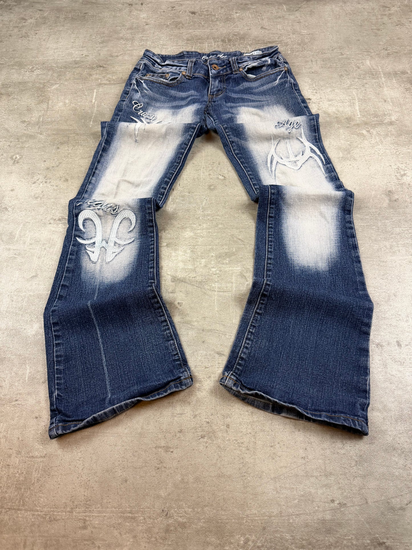 Crazy Age Y2K Tribal Print Bleached Flare Jeans - Blue