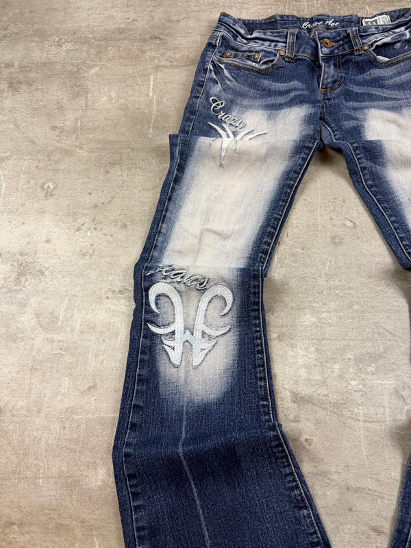 Crazy Age Y2K Tribal Print Bleached Flare Jeans - Blue