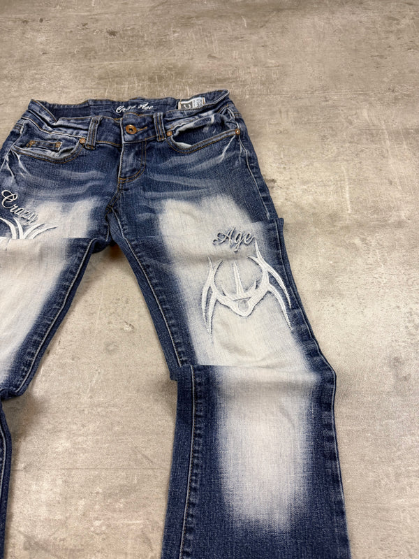 Crazy Age Y2K Tribal Print Bleached Flare Jeans - Blue