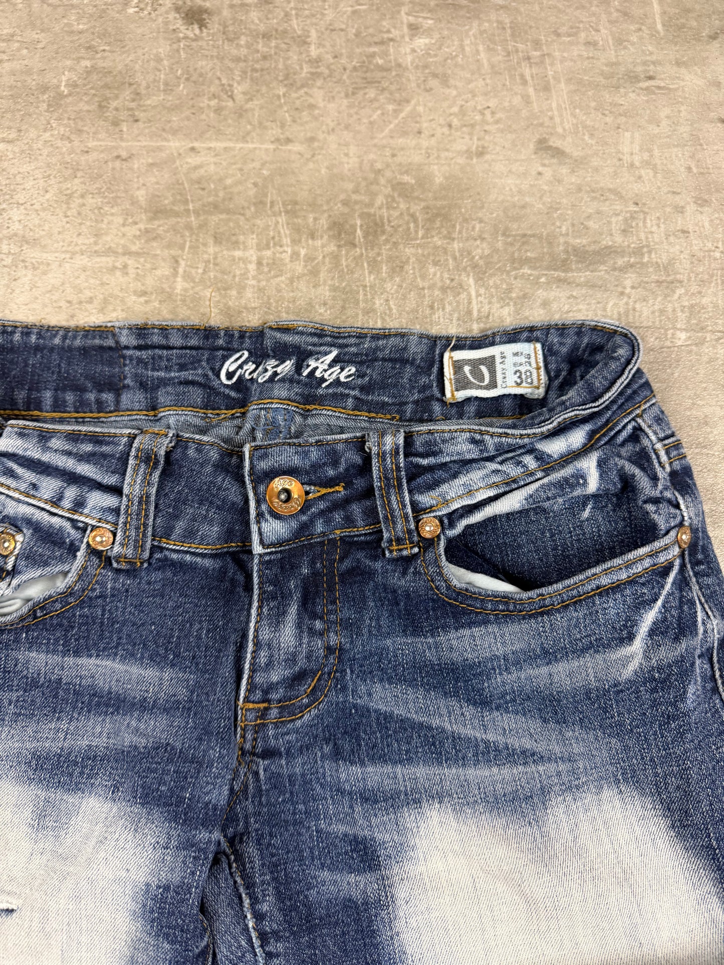 Crazy Age Y2K Tribal Print Bleached Flare Jeans - Blue