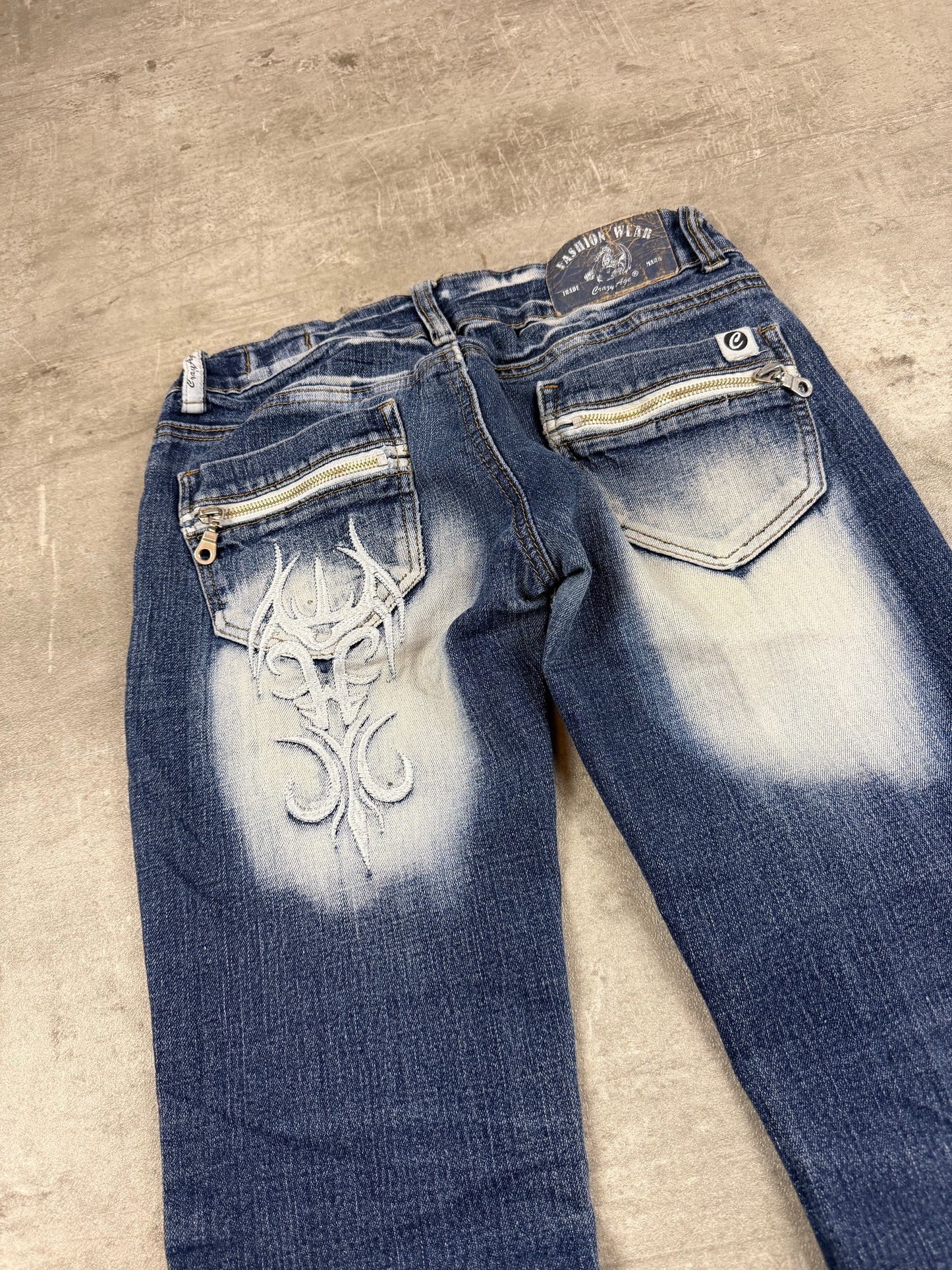 Crazy Age Y2K Tribal Print Bleached Flare Jeans - Blue