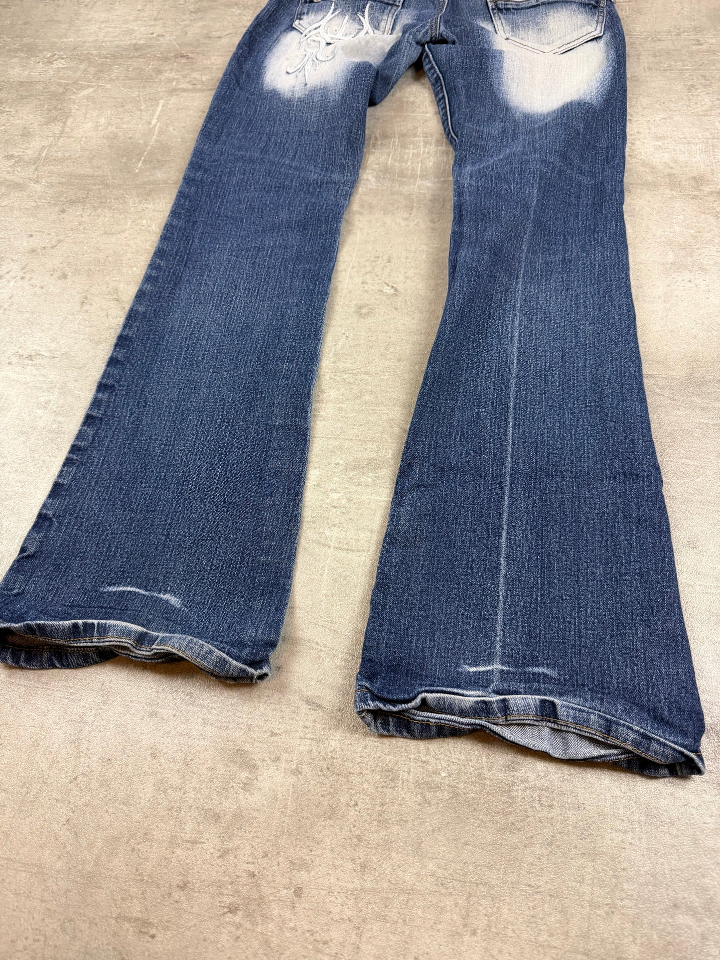 Crazy Age Y2K Tribal Print Bleached Flare Jeans - Blue