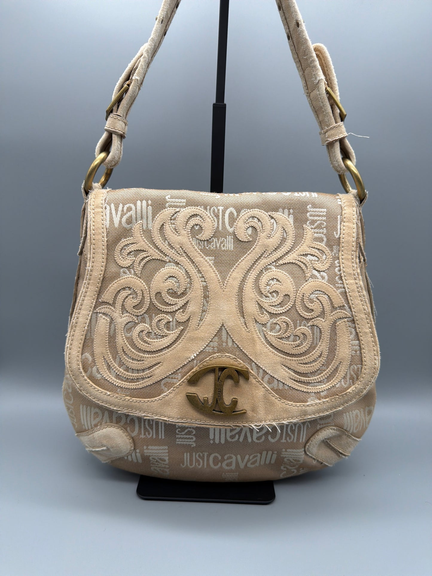 Just Cavalli Archive Monogram Suede Detail Shoulder Bag - Beige / Sand
