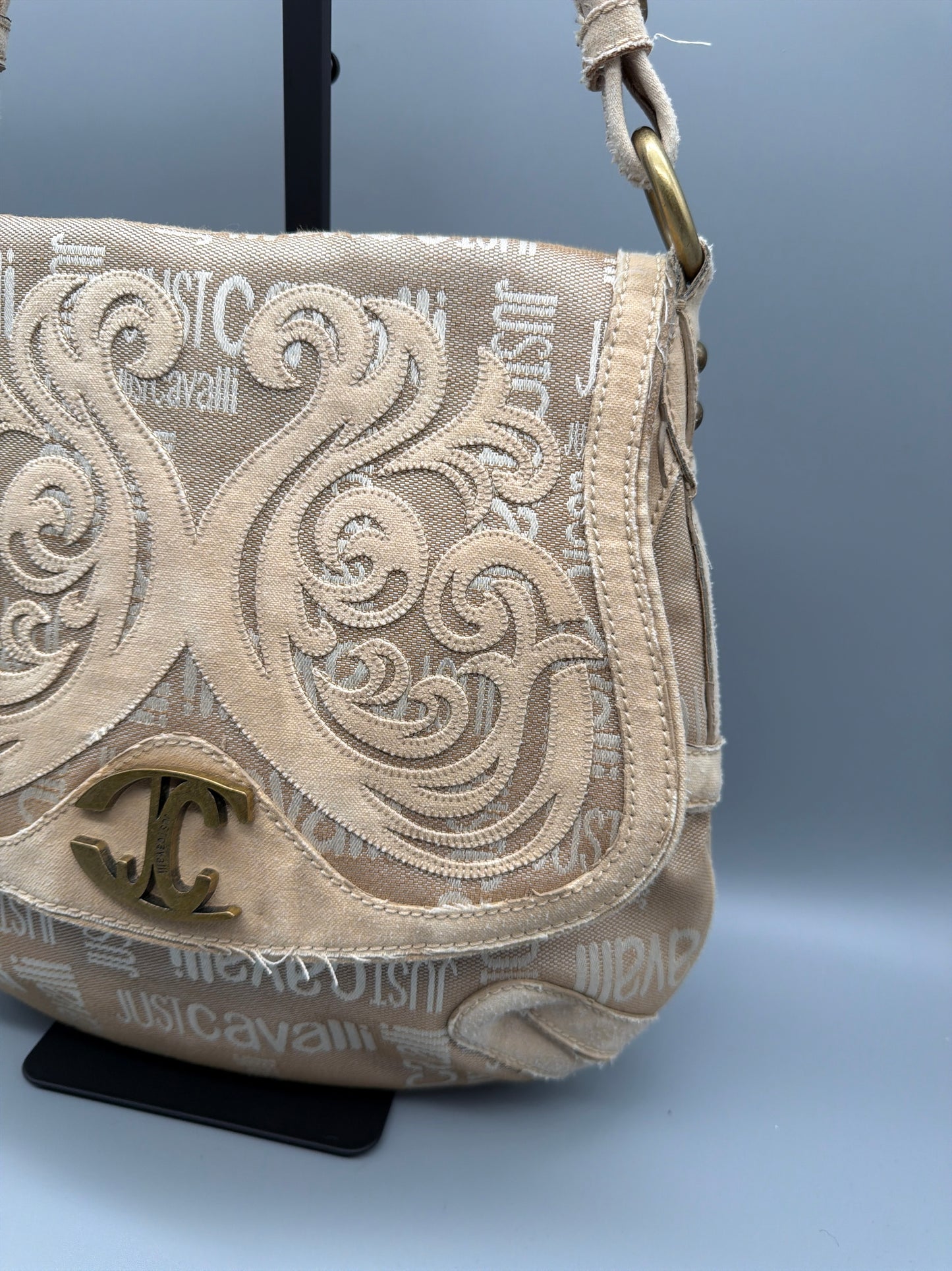 Just Cavalli Archive Monogram Suede Detail Shoulder Bag - Beige / Sand
