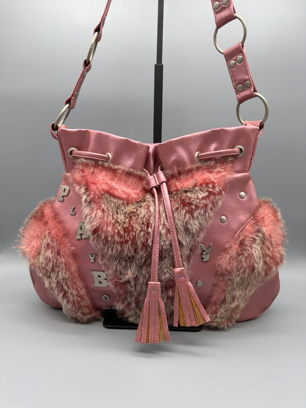 Playboy Y2K Fur Trim Shoulder Bag - Pink Coquette