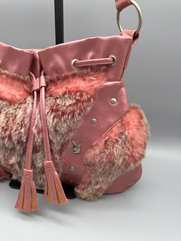 Playboy Y2K Fur Trim Shoulder Bag - Pink Coquette