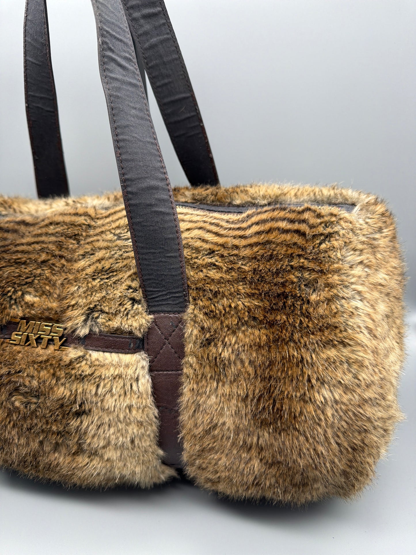 Miss Sixty Vintage Y2K Faux Fur Barrel Bag - Brown / Tiger Pattern