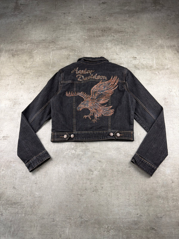 Harley-Davidson Y2K Eagle Studded Cropped Denim Jacket - Washed Black