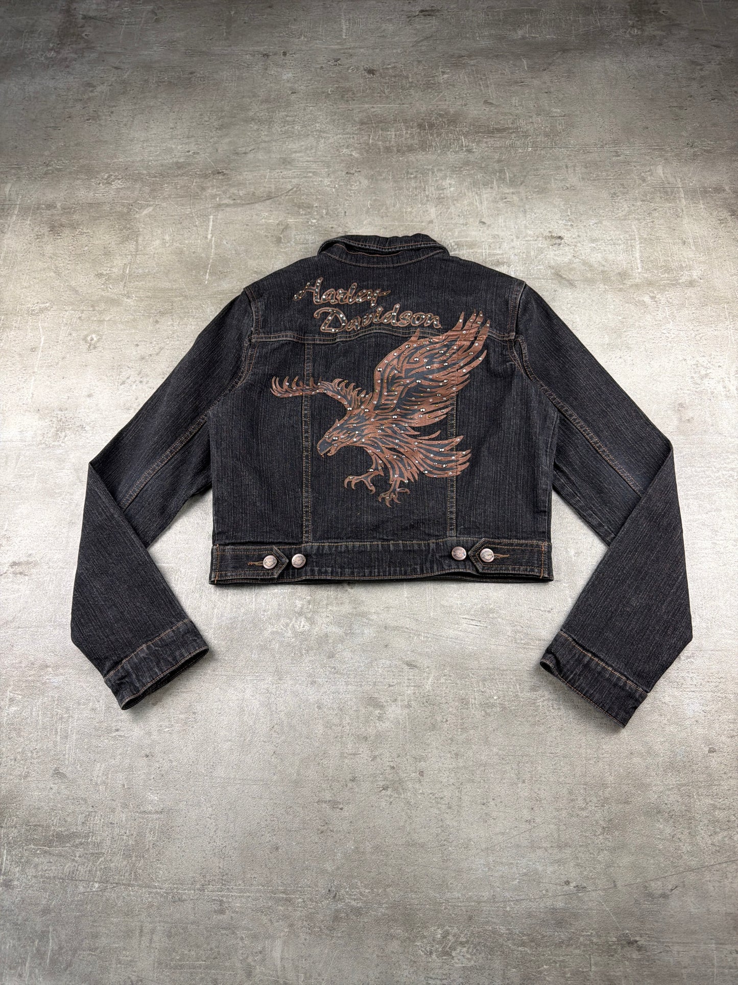 Harley-Davidson Y2K Eagle Studded Cropped Denim Jacket - Washed Black