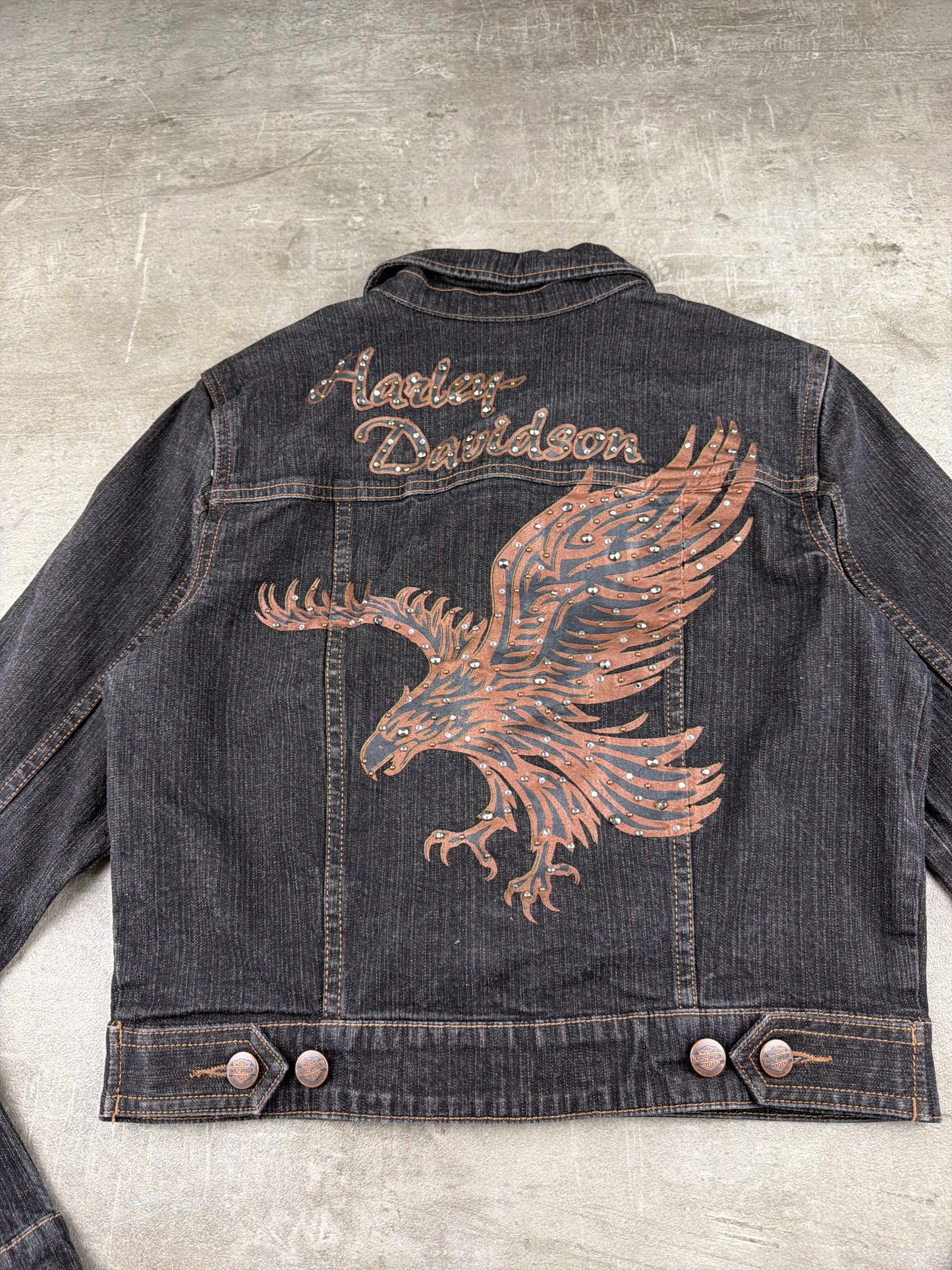 Harley-Davidson Y2K Eagle Studded Cropped Denim Jacket - Washed Black