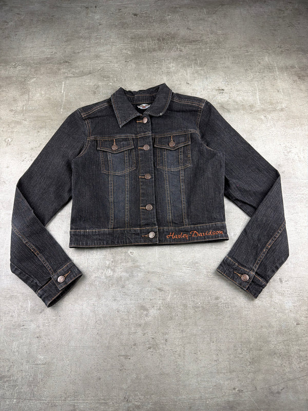 Harley-Davidson Y2K Eagle Studded Cropped Denim Jacket - Washed Black