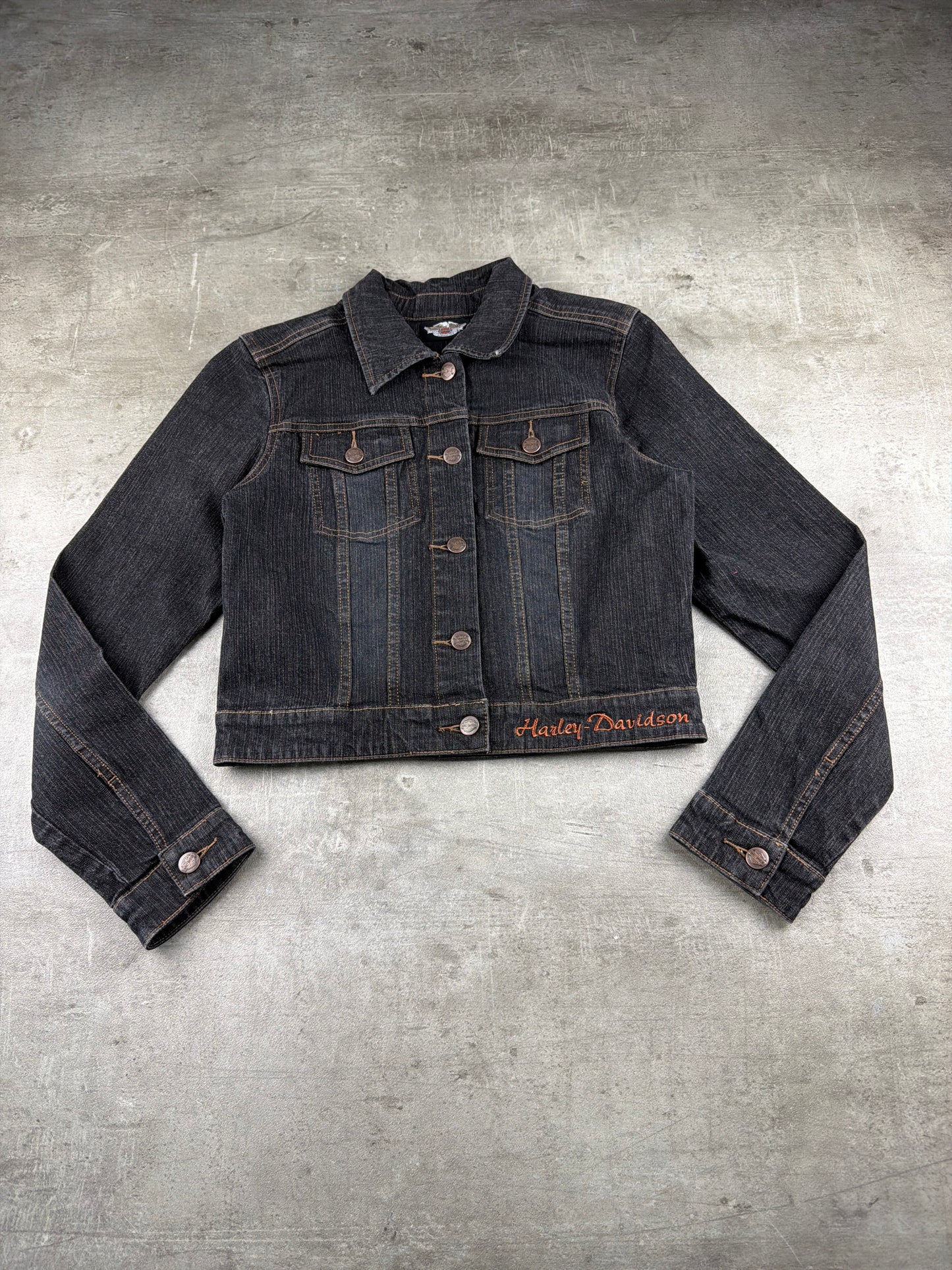 Harley-Davidson Y2K Eagle Studded Cropped Denim Jacket - Washed Black