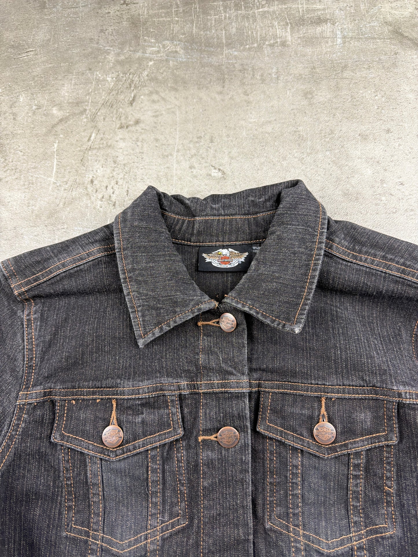 Harley-Davidson Y2K Eagle Studded Cropped Denim Jacket - Washed Black