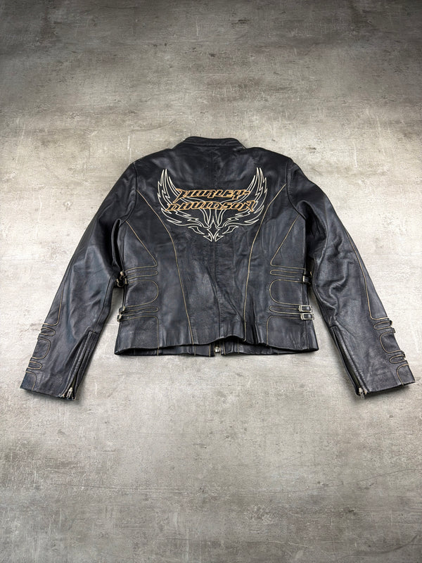 Harley-Davidson Vintage Y2K Leather Jacket - Black / Gold Stitching