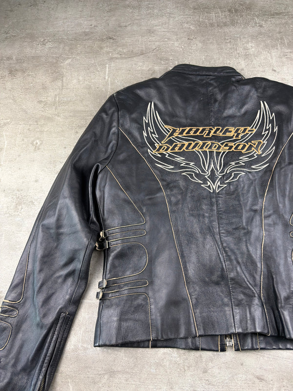 Harley-Davidson Vintage Y2K Leather Jacket - Black / Gold Stitching