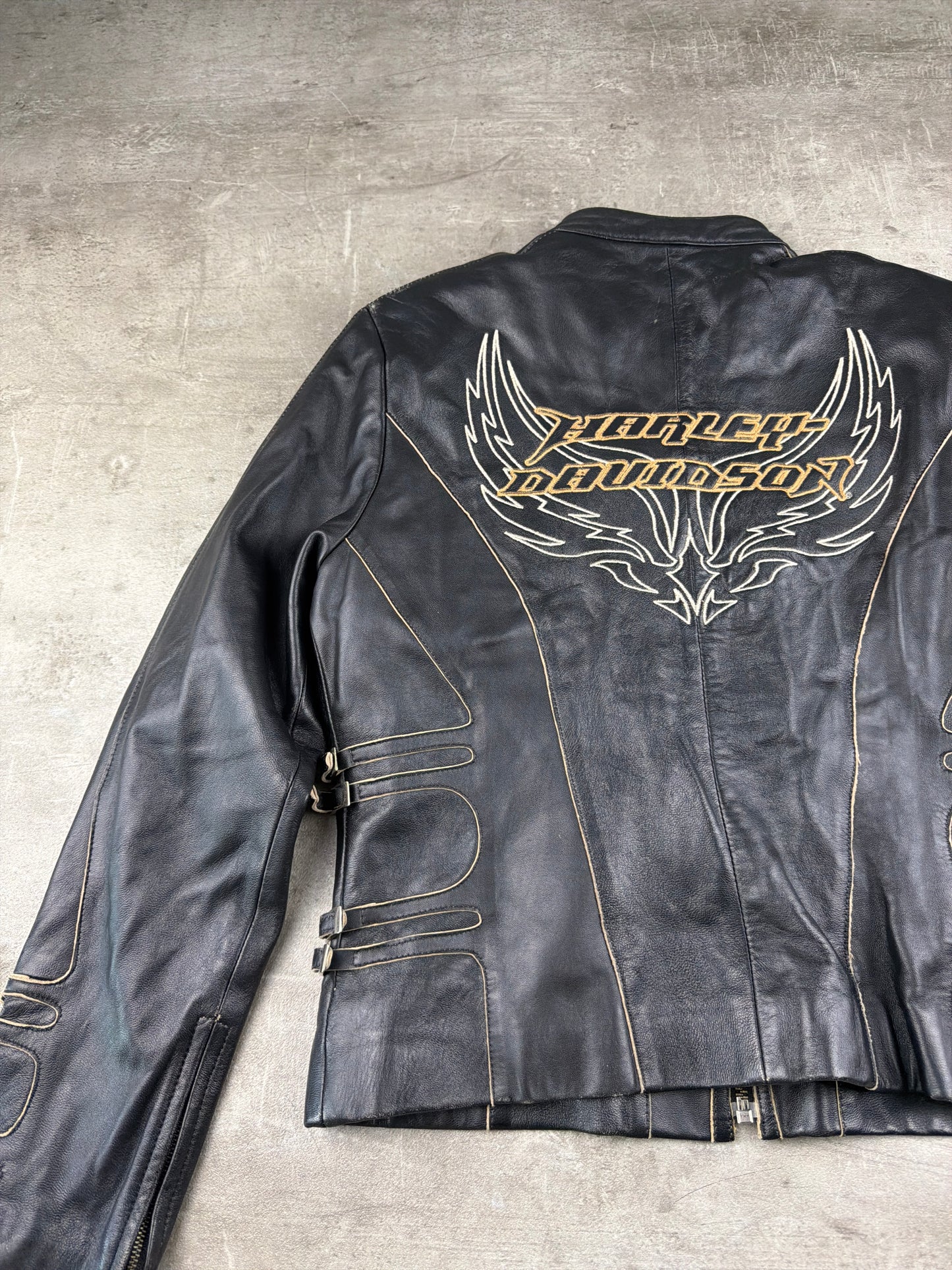 Harley-Davidson Vintage Y2K Leather Jacket - Black / Gold Stitching