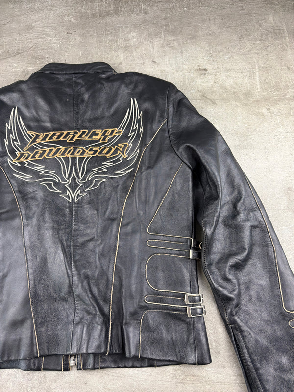Harley-Davidson Vintage Y2K Leather Jacket - Black / Gold Stitching