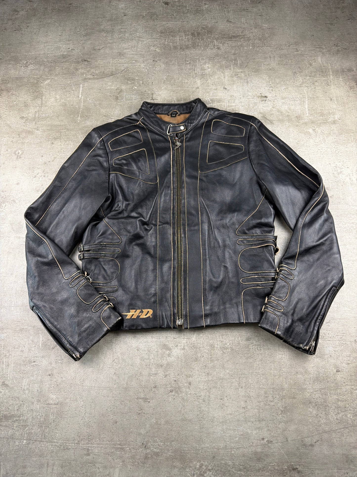 Harley-Davidson Vintage Y2K Leather Jacket - Black / Gold Stitching