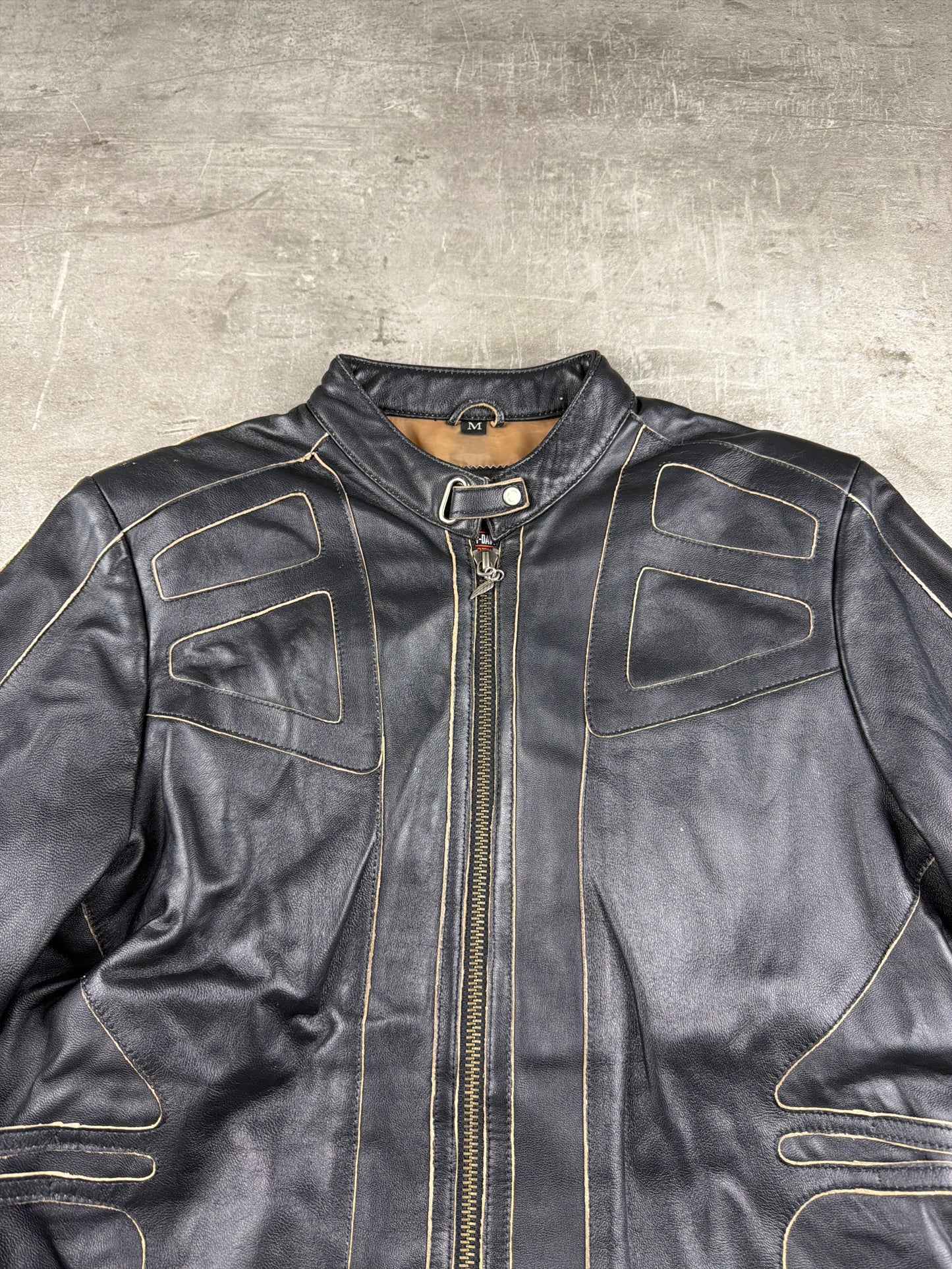 Harley-Davidson Vintage Y2K Leather Jacket - Black / Gold Stitching