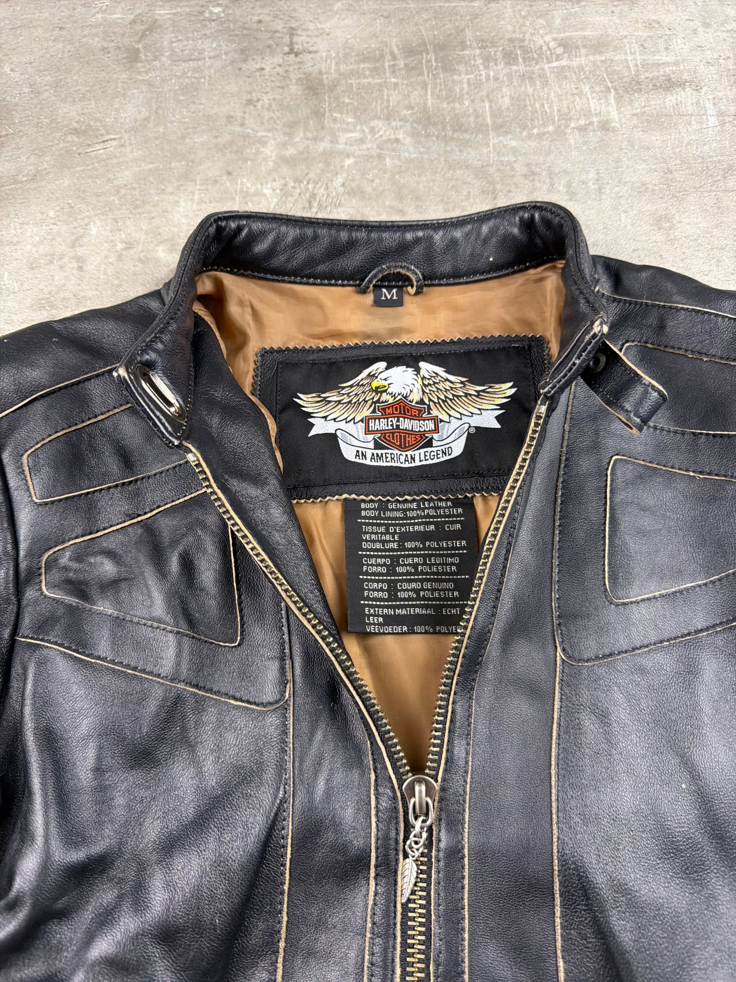 Harley-Davidson Vintage Y2K Leather Jacket - Black / Gold Stitching