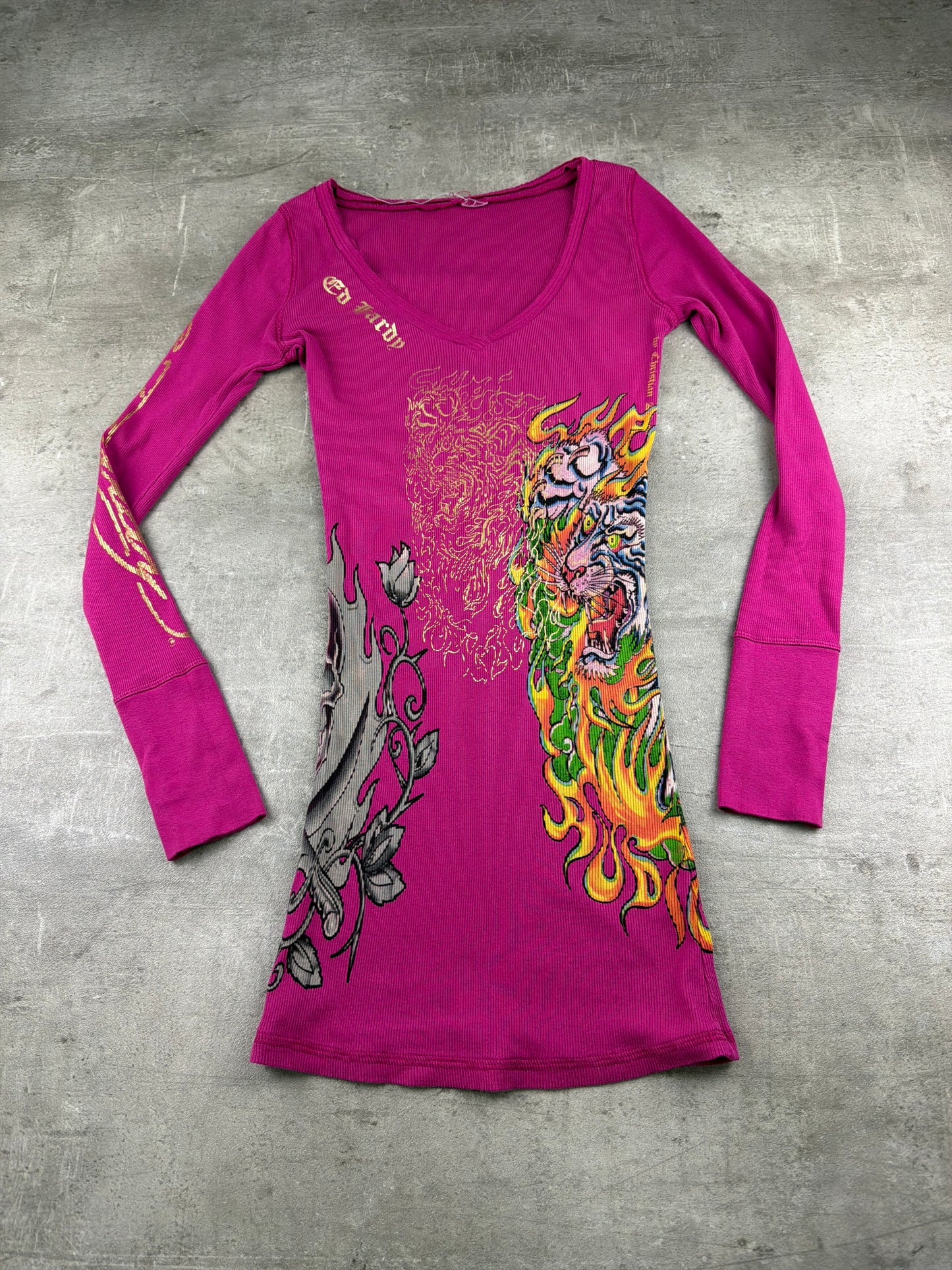 Ed Hardy Vintage Tiger & Skull Print Longsleeve Dress - Hot Pink / Pink