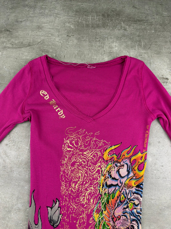 Ed Hardy Vintage Tiger & Skull Print Longsleeve Dress - Hot Pink / Pink