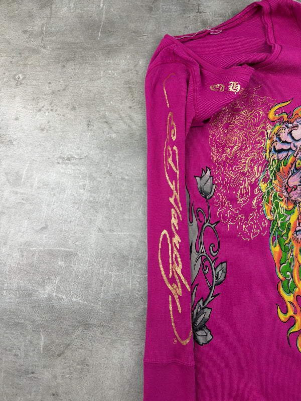 Ed Hardy Vintage Tiger & Skull Print Longsleeve Dress - Hot Pink / Pink