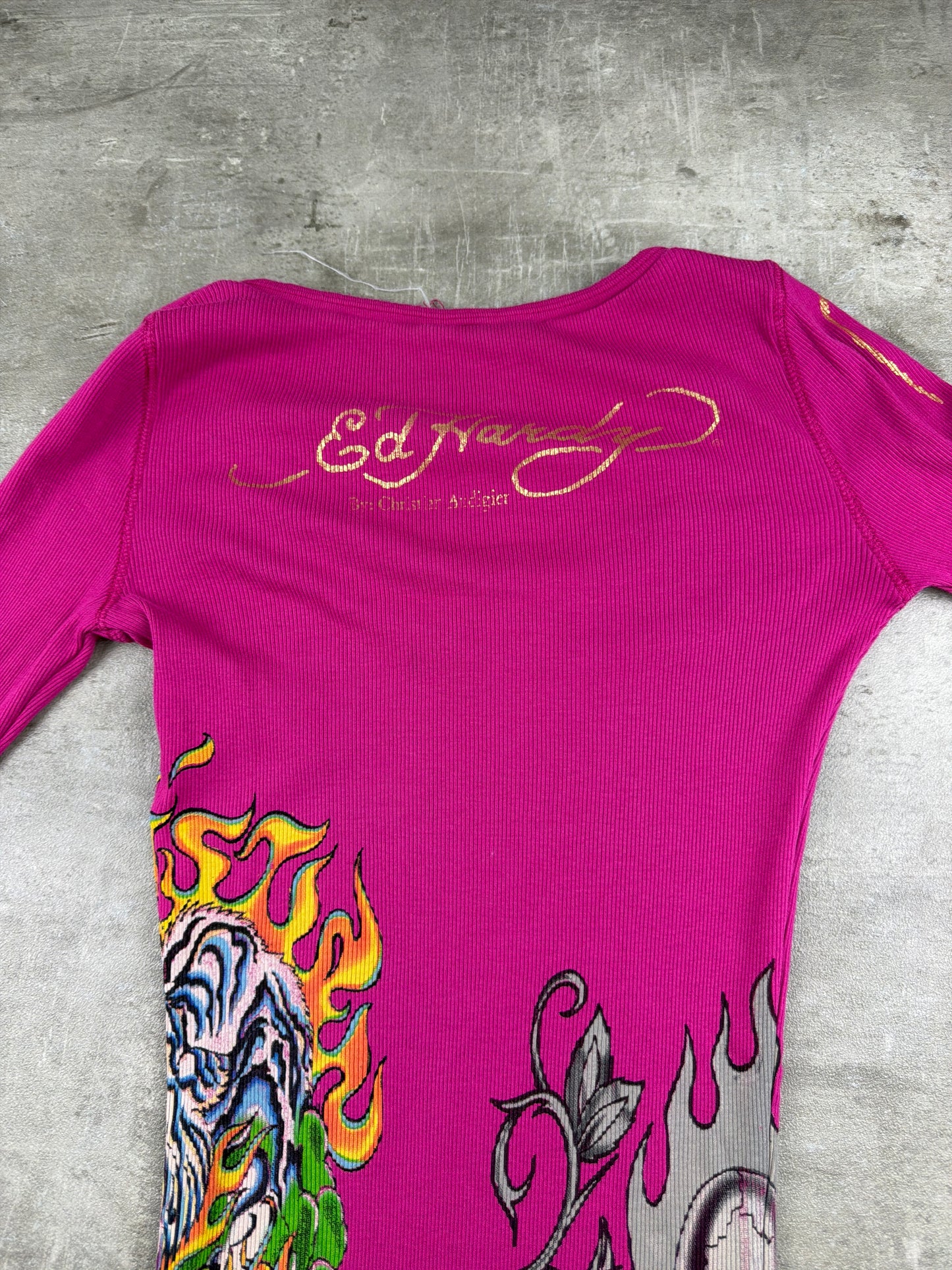 Ed Hardy Vintage Tiger & Skull Print Longsleeve Dress - Hot Pink / Pink
