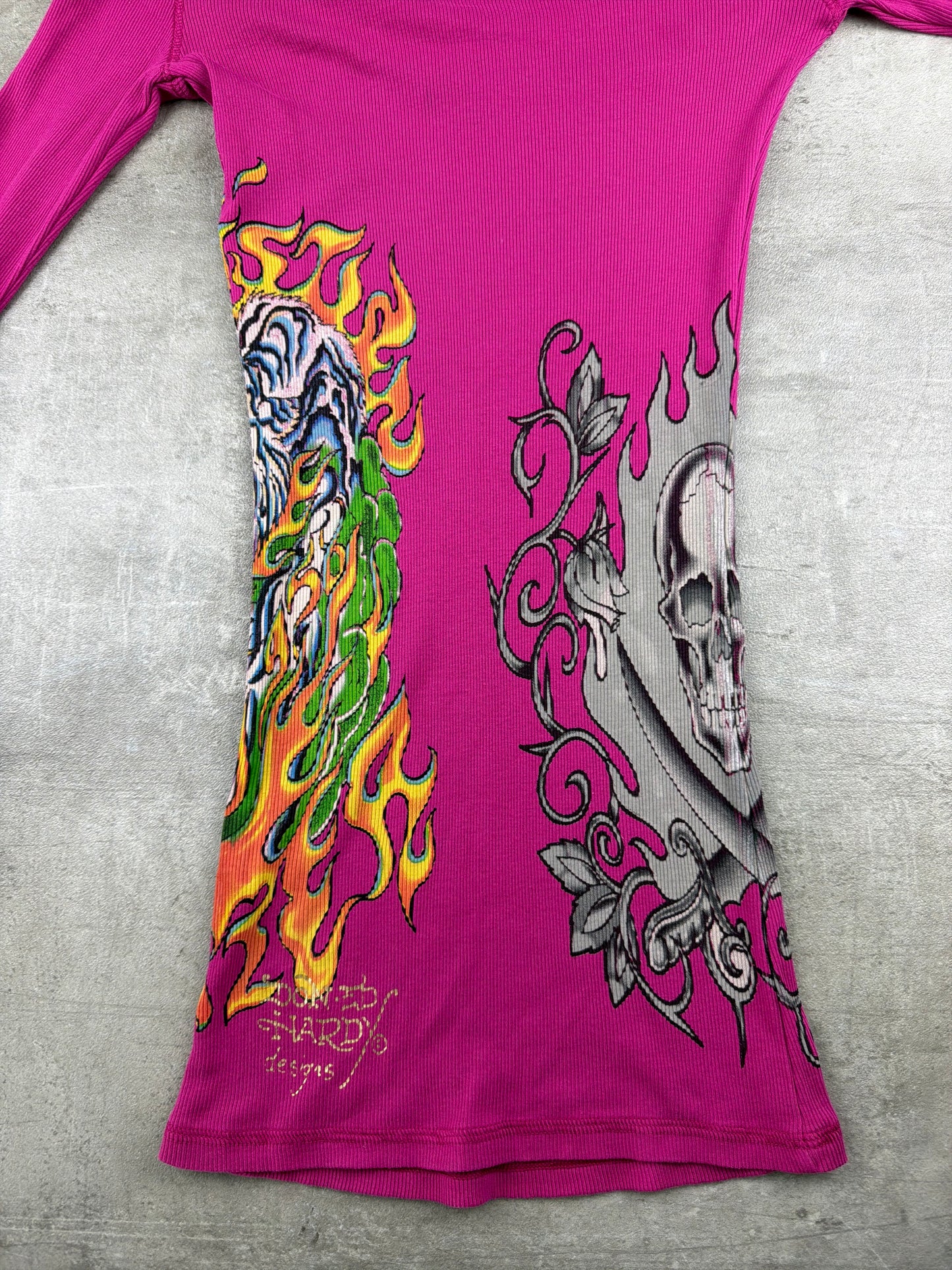 Ed Hardy Vintage Tiger & Skull Print Longsleeve Dress - Hot Pink / Pink