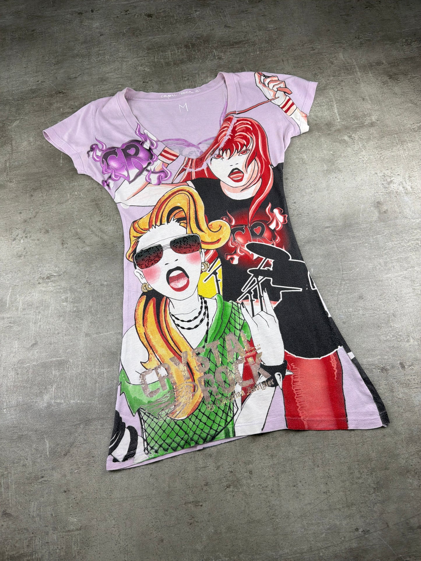Crystal Rock by Christian Audigier "Anime Graphic" V-Neck Top - Purple Multicolor