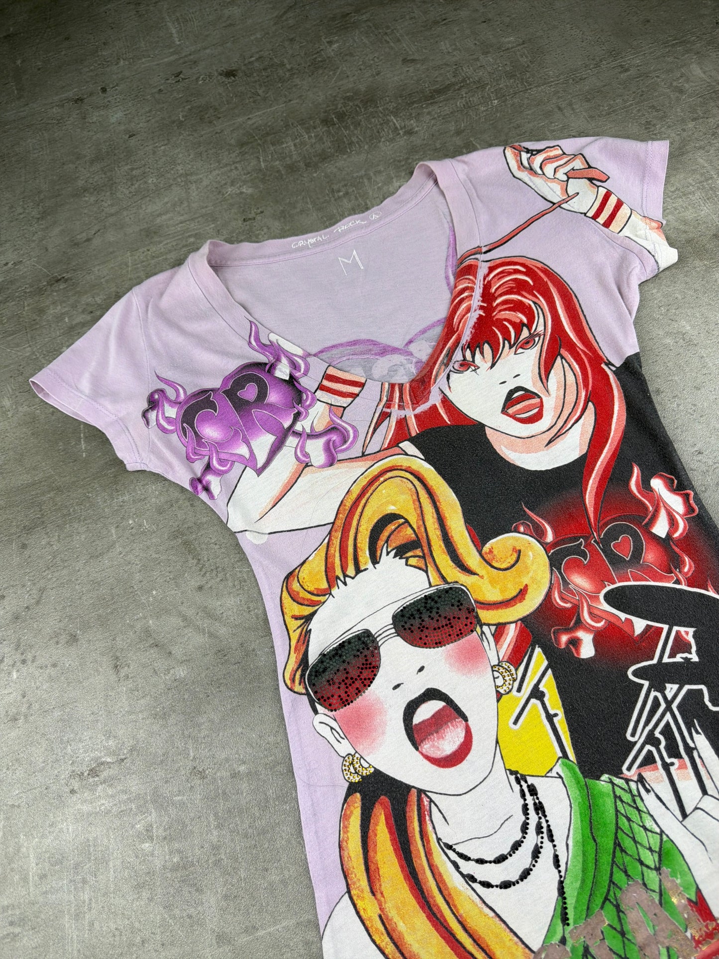 Crystal Rock by Christian Audigier "Anime Graphic" V-Neck Top - Purple Multicolor