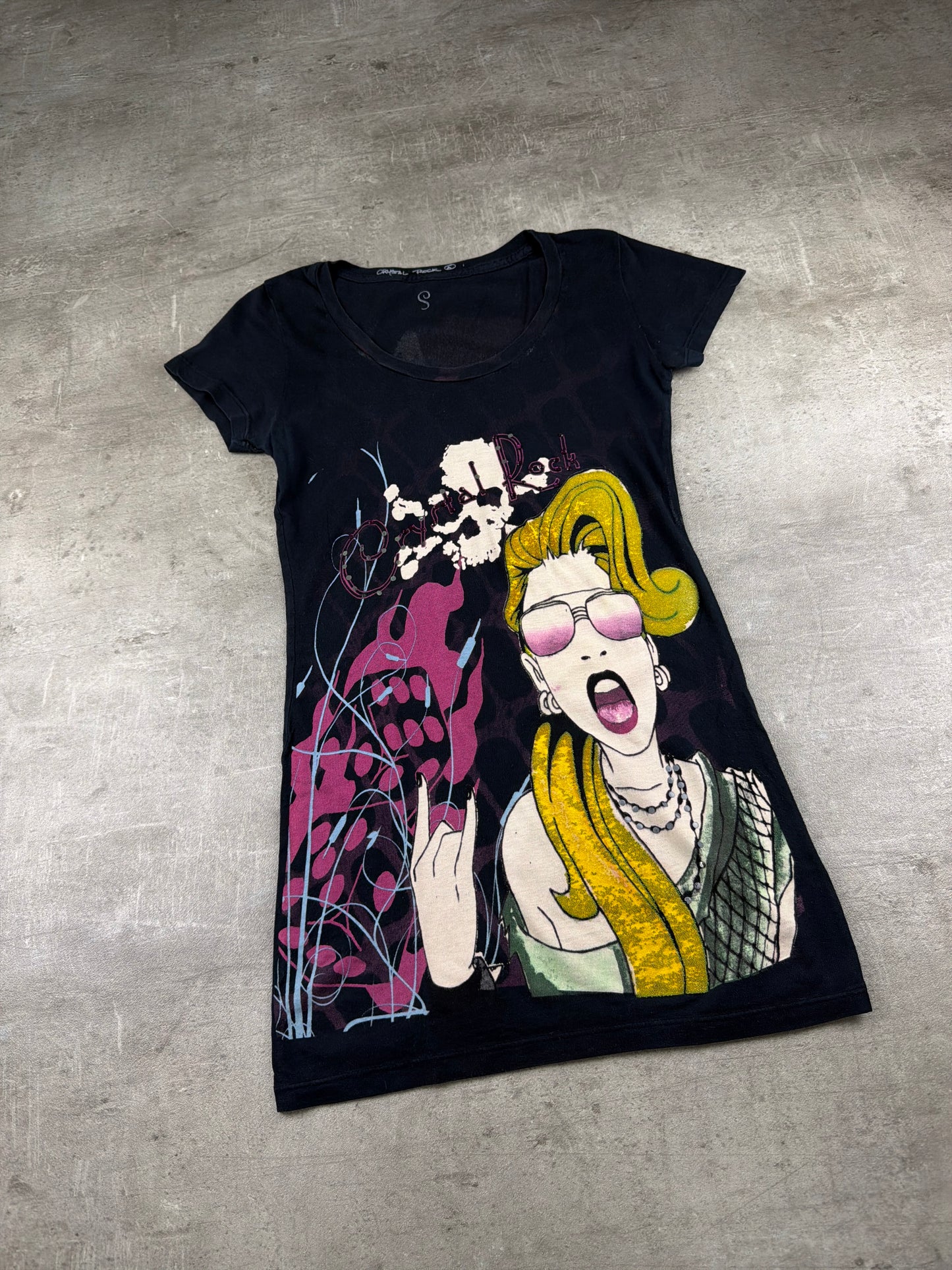 Crystal Rock by Christian Audigier Y2K Glam Rock Skull Top - Black/Pink