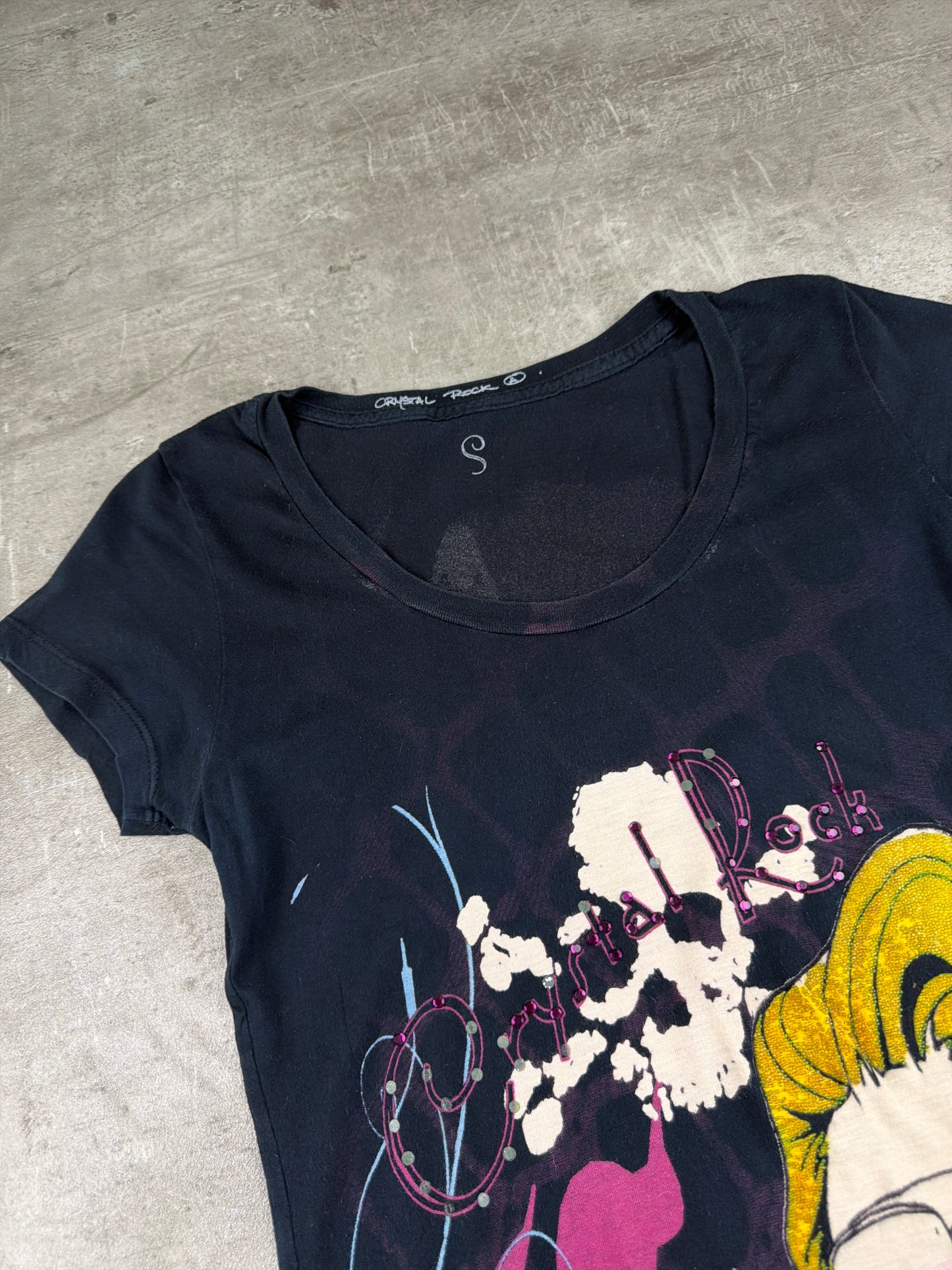 Crystal Rock by Christian Audigier Y2K Glam Rock Skull Top - Black/Pink