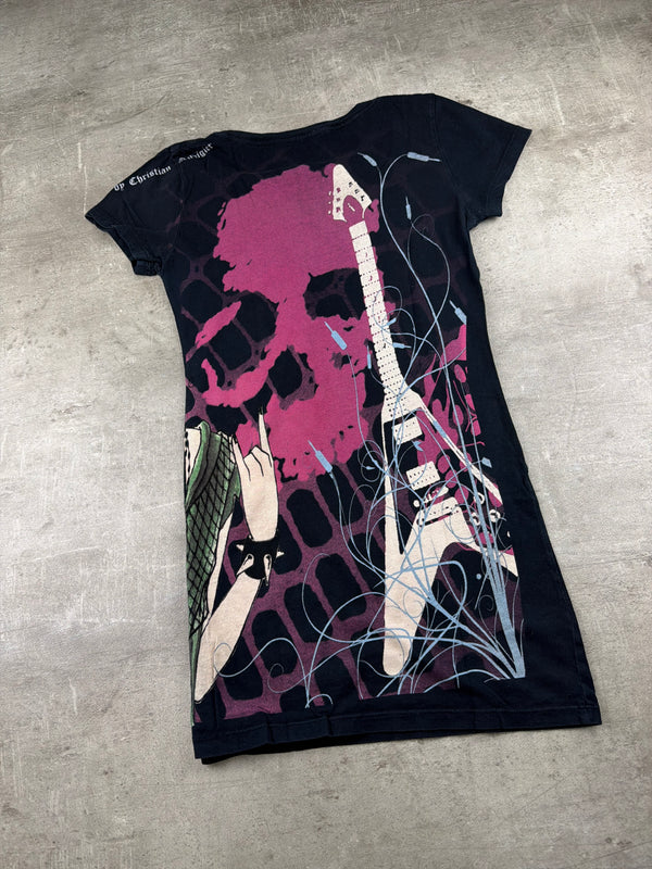 Crystal Rock by Christian Audigier Y2K Glam Rock Skull Top - Black/Pink