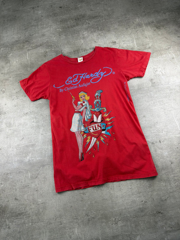 Ed Hardy by Christian Audigier Rhinestone Nurse Graphic Tee - Red
