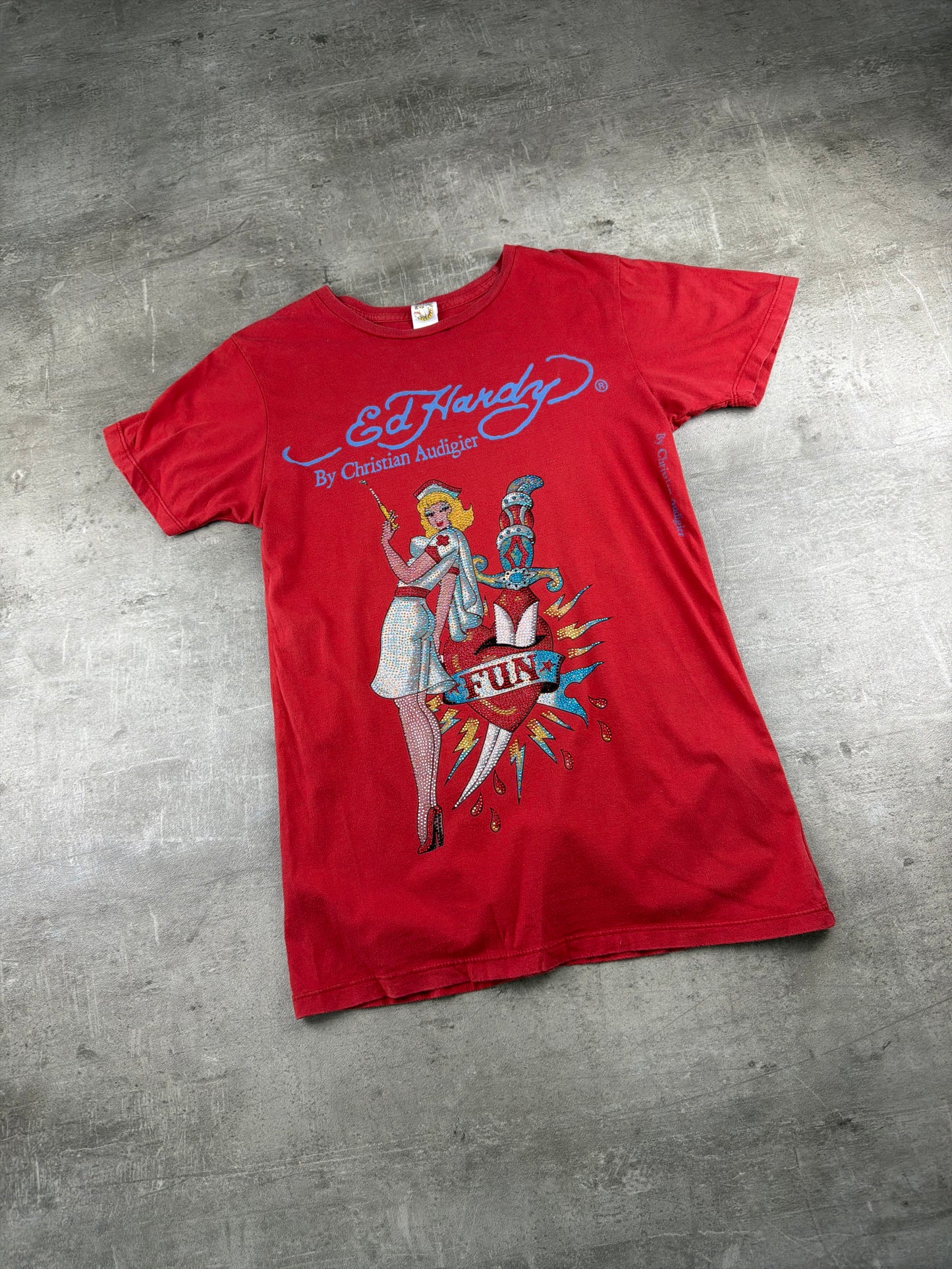 Ed Hardy by Christian Audigier Rhinestone Nurse Graphic Tee - Red