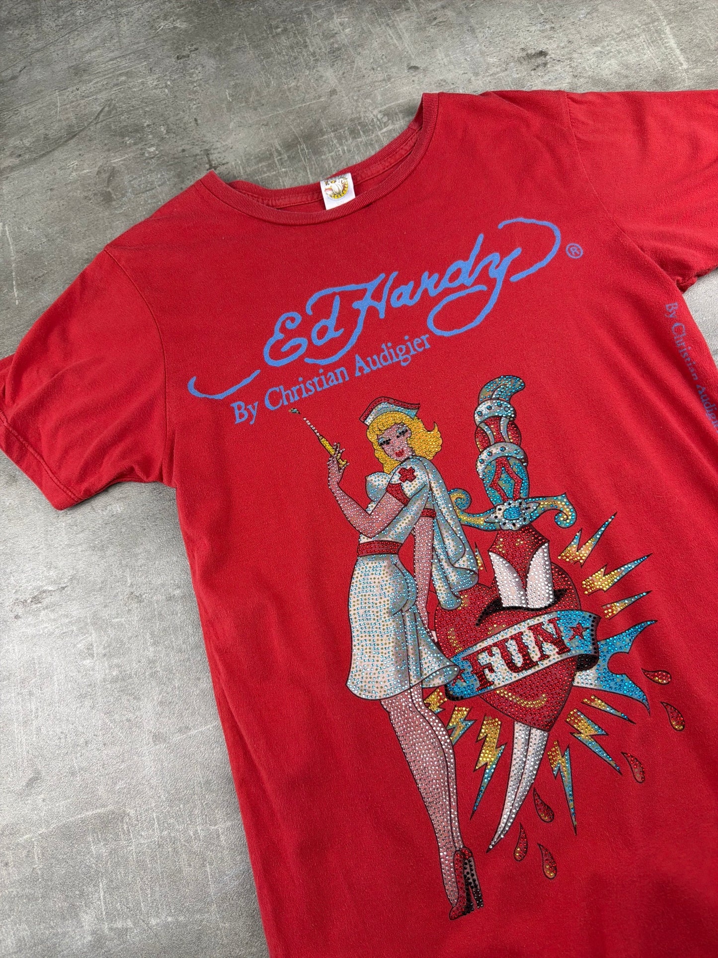 Ed Hardy by Christian Audigier Rhinestone Nurse Graphic Tee - Red