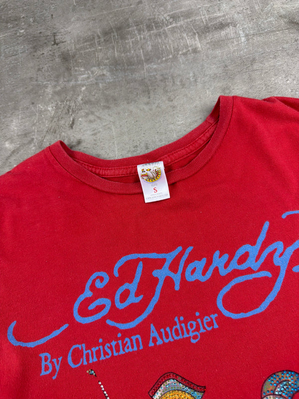 Ed Hardy by Christian Audigier Rhinestone Nurse Graphic Tee - Red